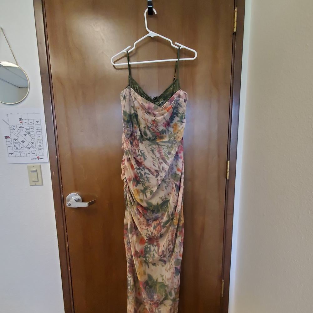 Evita Ruched Mesh Corset Maxi Dress (Garden Muse) Size L - Picture 3 of 16